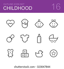 Childhood vector outline icon set - love, child, boy, girl, dummy, suit, bottle, baby carriage, bear, duck, ball and bricks