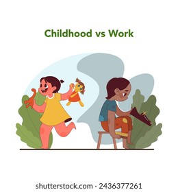 Childhood vs work contrast. Girls playing and working. Contrasting joy of play with grim reality of child labor. Fight for kids rights, freedom and happy careless childhood. Flat vector illustration