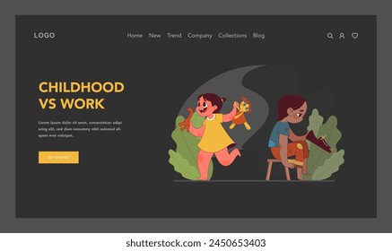 Childhood vs work contrast. Girls playing and working. Contrasting joy of play with grim reality of child labor. Fight for kids rights, freedom and happy careless childhood. Flat vector illustration