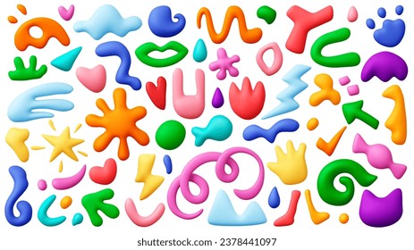 Childish 3d shapes. Flowing and liquid forms, realistic plasticine doodle clipart. Abstract clouds, flowers, stars and blobs. Modern pithy vector set