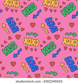 Childish 90s style seamless pattern with lettering. Hand drawn words kiss, love, xoxo in bubble, street style graffiti style. Arrows and hearts on pink background. Perfect for Valentines background.