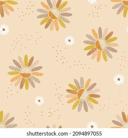 Childish Abstract Chamomile Daisy Flowers Vector Seamless Pattern. Boho Baby Floral Background. Scandinavian Decorative Style Surface Design For Nursery And Kids Fabric.