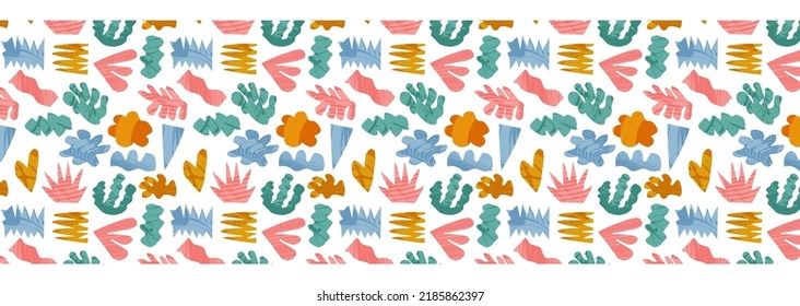 Childish abstract colorful horizontal pattern with cutout elements. Matisse style minimal modern shape vector banner background. Torn paper piece. Mosaic collage pattern. Card surface design