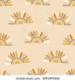 Childish abstract half chamomile sun flower vector seamless pattern. Boho earthy colours floral blossom background. Scandinavian decorative style surface design for nursery and baby textile.