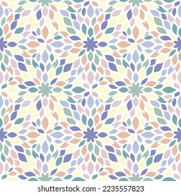 Childish Abstract Kaleidoscope Seamless Pattern. Cute fashion trendy kids background with colorful shapes. Vector illustration for print, wrapping paper, fabric, wall art. Pastel flower silhouette.