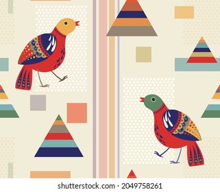Childish abstract pattern. Design for baby linen, wallpaper, fabric. Abstract seamless pattern with triangles, dots and birds. Background with stylized birds. Abstract baby wallpaper