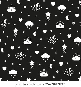 Childish abstract seamless background pattern. Black and white repeat print with night starry sky for textile, fabric, wallpaper, case, cover. Lovely contrasting clouds, stars, hearts for sweet dream.