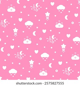 Childish abstract seamless background pattern. Pale pink repeat print with night starry sky for textile, fabric, wallpaper, case, cover. Lovely contrasting clouds, stars, hearts for sweet dreams.
