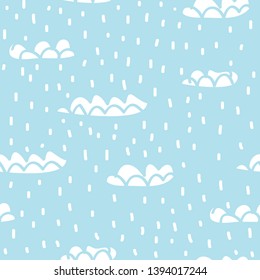 Childish abstract seamless pattern with  clouds in the sky. Cute cartoon snow vector pattern isolated on background. Illustration for fabric, textile, wrapping.