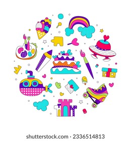 Childish abstract seamless pattern of round shape. Kids club, games party, fun playing zone banner, poster, invitation card design vector illustration