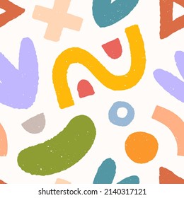 Childish abstract seamless pattern.Colorful hand drawn organic shapes,lines,doodles and elements.Vector trendy design for prints,flyers,banners,fabric,invitations,branding,covers and more.