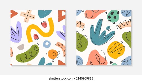 Childish abstract seamless patterns.Colorful hand drawn organic shapes,lines,doodles and elements.Vector trendy designs for prints,flyers,banners,fabric,invitations,branding,covers and more.