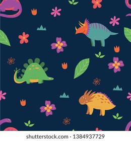 Childish adorable seamless pattern with hand drawn dinosaurs and flowers in scandinavian style vector illustration isolated on white background. Creative textile decor.