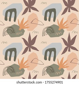 Childish aesthetic seamless pattern with  abstract plants and shapes. Creative graphic print for fabric, wrapping paper, textile, wallpaper, home apparel. Vector background