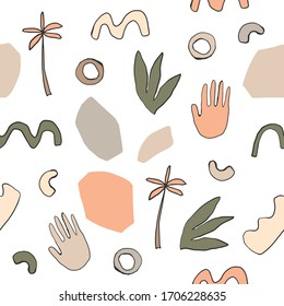 Childish aesthetic seamless pattern with hand drawn abstract plants and shapes. Creative kids fabric, wrapping, textile, wallpaper, home apparel. Vector background