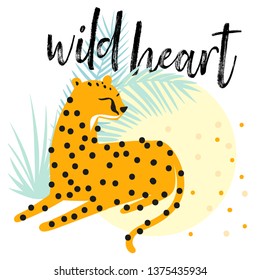 childish African leopards. big cats.wrapping, textile, wallpaper, apparel. Vector illustration background in white, blue and yellow.wild atheart