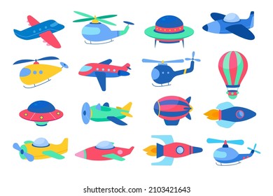 Childish air transport. Funny color kids aircrafts, rockets, planes and balloons, different type flying baby toys, bright items, nursery decor, vector cartoon flat style isolated set