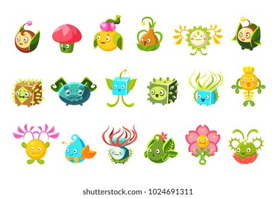 Childish Alien Fantastic Alive Plants Emoji Characters Collection Of Vector Fantasy Vegetation