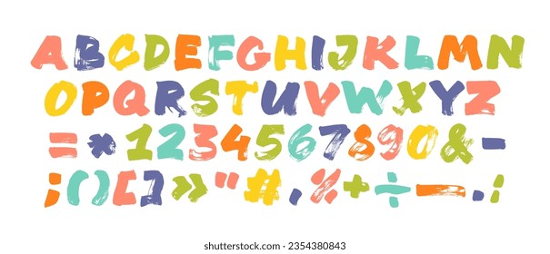 Childish alphabet with brush drawn colorful letters and numbers vector illustration. Various typography sign and symbols. Hand drawn uppercase letters with a rough inked texture.