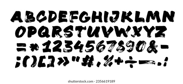 Letras dibujadas de pincel de alfabeto childo e ilustración vectorial de números. Varios símbolos y signos de tipografía. Caracteres dibujados a mano con una textura de tinta áspera. Cartas de niño grueso y atrevido en mayúsculas.