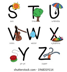 Childish alphabet with cute examples of different objects from S to Z to learn it easily: sun, tree, umbrella, violin, water, xylophone, yo-yo and zipper.