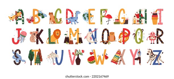 Childish alphabet, English letters set with cute animals, fruits. Childrens funny ABC for preschool, kindergarten learning, reading. Kids colored flat vector illustration isolated on white background.