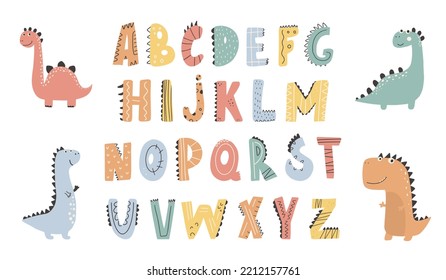 Childish alphabet, English letters set. Childrens funny ABC for preschool, kindergarten learning, reading. Flat vector illustration isolated on white background.