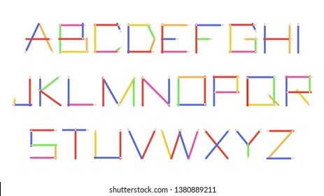 Childish alphabet font made with color pencils. English alphabet letters. ABC constructed with pencils on white background