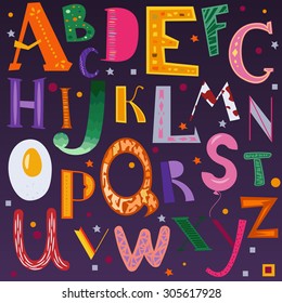 Childish alphabet illustration. Colorful cartoon letters.