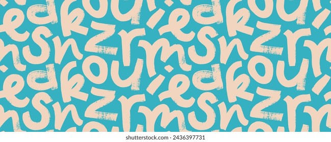 Childish alphabet, playful letters seamless banner design. Brush hand drawn bold letters with dry brush texture. Vector typographic seamless pattern. Birthday and greeting card typography, wallpaper.