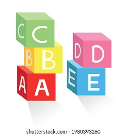 Childish alphabetical cubes, Educational toys vector realistic illustrations set. 3D colorful Letter blocks compositions collection isolated on white background. Language learning, early education.