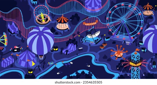 Childish amusement park at night. Fun summer evening on carnival, lights of attractions, carousel. Family recreation, leisure on funfair. People ride on rollercoaster, wheel. Flat vector illustration