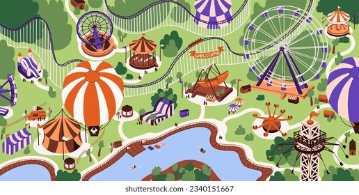 Vista superior del parque de atracciones infantil. Vacaciones de verano en carnaval, atracción. Recreación, ocio en funfair. La gente monta en globo de aire, montaña rusa, rueda de ferris, carrusel. Ilustración vectorial plana