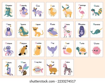 Childish animal alphabet from A to Z. Educational material for kids. Set of letter cards with animals for posters, cards, book.