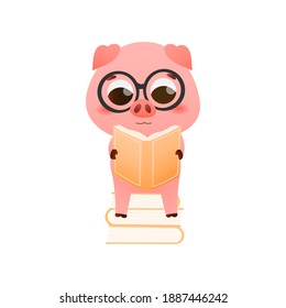 Childish animal character with glasses reading book while sitting on books, cute pig in cartoon style preparing for exam or studying