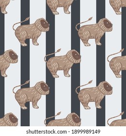 Patrón infantil sin costura con formas de rey de leones beige. Fondo rayado con líneas grises. Diseño gráfico para envolver texturas de papel y tela. Ilustración vectorial.
