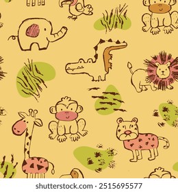 Childish animal seamless pattern. Lion, monkey, giraffe, tiger, elephant, toucan, alligator in sketch simple style. 