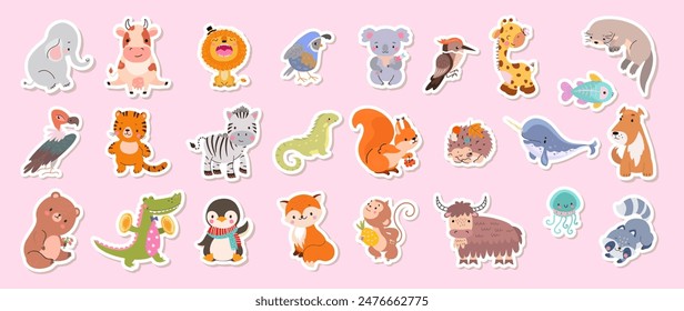 Childish animal stickers. Baby sticker with tiger lion cow bear squirrel hedgehog monkey. Cute wild forest and jungle animals, nowaday vector characters