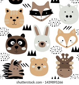 Childish animals faces seamless pattern. Scandinavian kids texture with funny tiger, fox, rabbit, bear, pig, panda.  Creative vector illustration print isolated on white background.