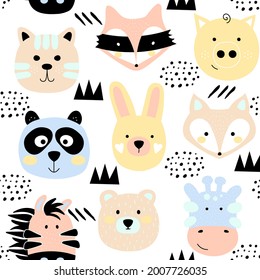 Childish animals faces seamless pattern. Scandinavian kids texture with funny tiger, fox, rabbit, bear, pig, panda.  Creative vector illustration print isolated on white background.