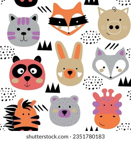 Childish animals faces seamless pattern. Scandinavian kids texture with funny tiger, fox, rabbit, bear, pig, panda.  Trendy vector illustration print isolated on white background.