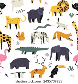 Childish animals pattern. Seamless print with cute cartoon safari animals, colorful background for kids wrapping paper textile design. Vector texture childish fabric background illustration