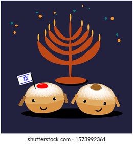 Childish animated Hanukkah donuts 
 'Sufganiyah' with jam and menorah with candles and the Israeli flag. Vector Illustrator