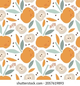 Childish Apples with leaf hand drawn sketch seamless pattern. Whole fruit and cut half. Silhouette vector illustration. Repeated food eco template for menu, textile, wrapping paper, wallpaper
