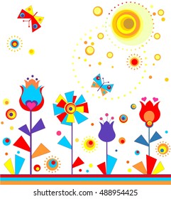 Childish applique with paper tulips, butterflies and sun