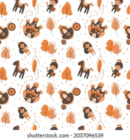 Childish autumn fairy tale seamless pattern with castle, princess, coach, knight, horse, autumn trees. Cute kids pattern for textile, card, wrappaper design vector illustration