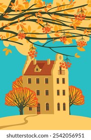 Childish autumn landscape with yellow three-storey house, fall trees, Rowan branch and clouds in the blue sky. Decorative vector illustration in cartoon style