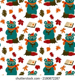 Childish autumn seamless pattern. Bear in scarf, eye glasses with book and rubber shoes between leaves. Vector doodle print for fabric, textile, wrapping paper, wallpaper, nursery