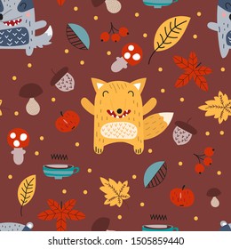 Childish autumn seamless pattern with cute fox and badger in Scandinavian style. Vector Illustration. Kids illustration for nursery design. Great for baby clothes, greeting card, wrapping paper.