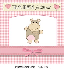 childish baby announcement card with hippo toy